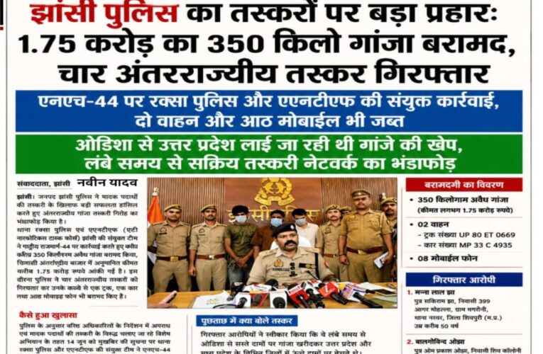 झांसी पुलिस का तस्करों पर बड़ा प्रहार: 1.75 करोड़ का 350 किलो गांजा बरामद, चार अंतरराज्यीय तस्कर गिरफ्तार