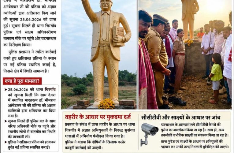 ग्राम देवरा में डॉ. भीमराव आंबेडकर की प्रतिमा क्षतिग्रस्त, पुलिस ने नई प्रतिमा स्थापित कर दर्ज किया मुकदमा सीसीटीवी फुटेज के आधार पर आरोपियों की तलाश तेज, गिरफ्तारी के लिए कई टीमें गठित