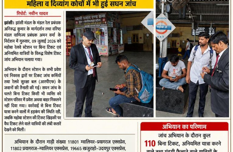 महोबा स्टेशन पर चला टिकट जांच का महाअभियान, 110 बेटिकट यात्रियों पर ₹70,600 का जुर्माना   स्टेशन के सभी प्रवेश-निकास द्वारों पर रही कड़ी निगरानी, महिला व दिव्यांग कोचों में भी हुई सघन जांच