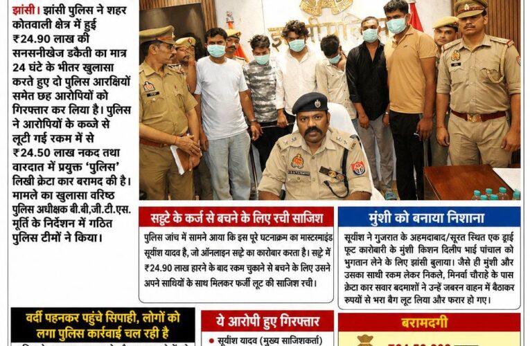 24 घंटे में ₹24.90 लाख की डकैती का खुलासा, दो सिपाहियों समेत छह गिरफ्तार ऑनलाइन सट्टे का कर्ज चुकाने से बचने के लिए रची गई थी फर्जी लूट की साजिश, ₹24.50 लाख नकद व ‘पुलिस’ लिखी क्रेटा कार बरामद