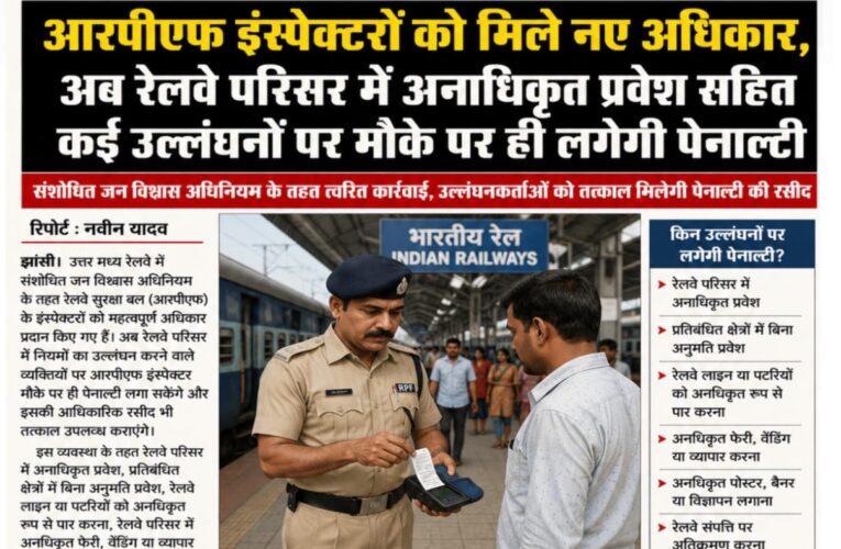 आरपीएफ इंस्पेक्टरों को मिले नए अधिकार, अब रेलवे परिसर में अनाधिकृत प्रवेश सहित कई उल्लंघनों पर मौके पर ही लगेगी पेनाल्टी संशोधित जन विश्वास अधिनियम के तहत त्वरित कार्रवाई, उल्लंघनकर्ताओं को तत्काल मिलेगी पेनाल्टी की रसीद