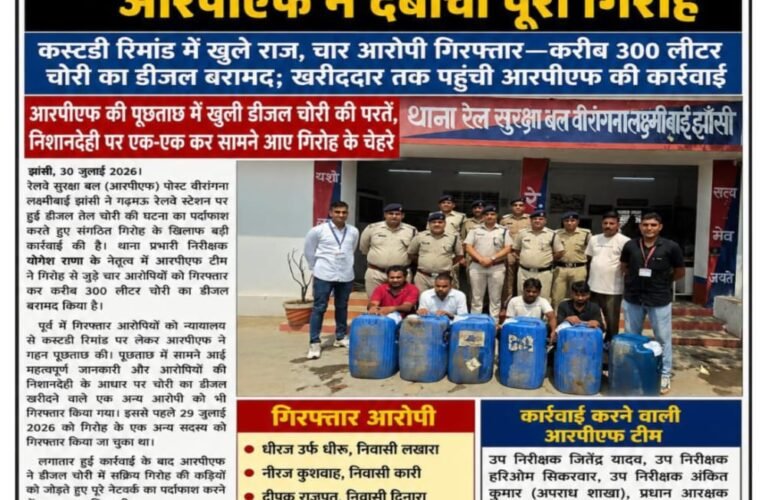 गढ़मऊ स्टेशन पर डीजल चोरों का खेल खत्म, आरपीएफ ने दबोचा पूरा गिरोह कस्टडी रिमांड में खुले राज, चार आरोपी गिरफ्तार—करीब 300 लीटर चोरी का डीजल बरामद; खरीददार तक पहुंची आरपीएफ की कार्रवाई आरपीएफ की पूछताछ में खुली डीजल चोरी की परतें, निशानदेही पर एक-एक कर सामने आए गिरोह के चेहरे