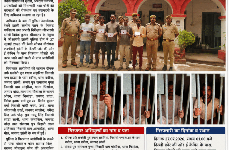 जीआरपी झांसी पुलिस ने पांच आरोपियों को गिरफ्तार कर बरामद किए पांच मोबाइल फोन  चोरी के मोबाइल फोन बरामद, बरामद माल की अनुमानित कीमत करीब एक लाख रुपये
