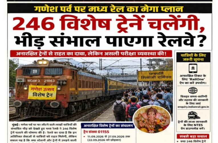 गणेश पर्व पर मध्य रेल का मेगा प्लान: 246 विशेष ट्रेनें चलेंगी, फिर भी सबसे बड़ा सवाल—क्या भीड़ संभाल पाएगा रेलवे? यात्रियों की भारी भीड़ के बीच अतिरिक्त ट्रेनों का ऐलान, अनारक्षित सेवाओं से राहत का दावा; अब निगाहें व्यवस्था, समयपालन और भीड़ प्रबंधन पर