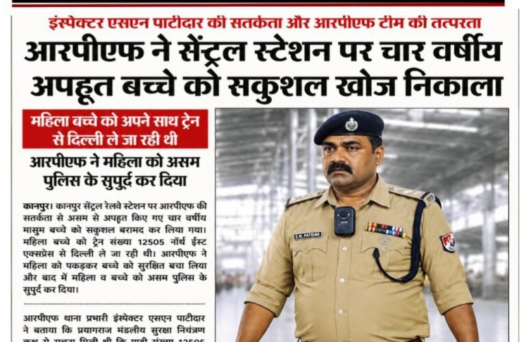 इंस्पेक्टर एसएन पाटीदार की सतर्कता से कानपुर सेंट्रल पर अपहृत बच्चा सकुशल बरामद  असम से बच्चे को अगवा कर दिल्ली ले जा रही महिला को आरपीएफ ने पकड़ा  एक लाख रुपये में बच्चे को बेचने की थी तैयारी, महिला असम पुलिस के सुपुर्द