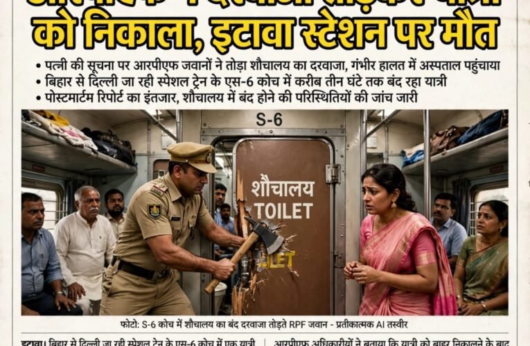आरपीएफ ने दरवाजा तोड़कर यात्री को निकाला, इटावा स्टेशन पर मौत पत्नी की सूचना पर आरपीएफ जवानों ने तोड़ा शौचालय का दरवाजा, गंभीर हालत में अस्पताल पहुंचाया बिहार से दिल्ली जा रही स्पेशल ट्रेन के एस-6 कोच में करीब तीन घंटे तक बंद रहा यात्री पोस्टमार्टम रिपोर्ट का इंतजार, शौचालय में बंद होने की परिस्थितियों की जांच जारी
