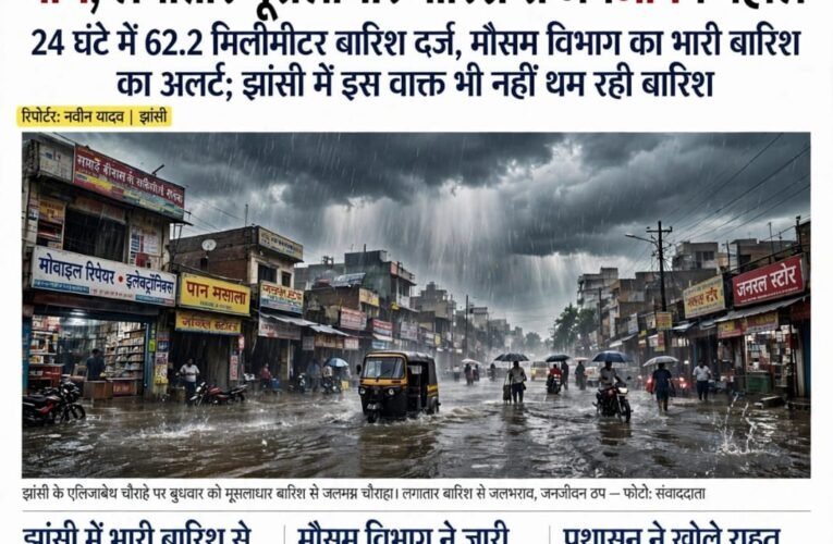 एक्सक्लूसिव: झांसी में आसमान ने फिर खोले बांध, लगातार मूसलाधार बारिश से जनजीवन बेहाल 24 घंटे में 62.2 मिलीमीटर बारिश दर्ज, मौसम विभाग का भारी बारिश का अलर्ट; झांसी में इस वक्त भी नहीं थम रही बारिश