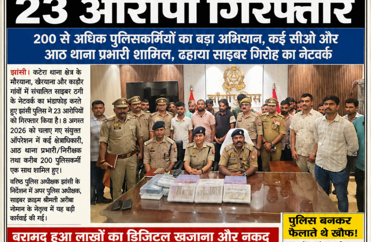 तीन गांवों में साइबर ठगी का ‘साम्राज्य’! 23 गिरफ्तार  200 से ज्यादा पुलिसकर्मियों ने एक साथ बोला धावा, कई सीओ और आठ थाना प्रभारी रहे ऑपरेशन में शामिल  120 मोबाइल, 35 डेबिट कार्ड, 29 पासबुक और 9.20 लाख नकद बरामद—पुलिस अफसर बनकर डराते थे, फिर खाते खाली कराते थे