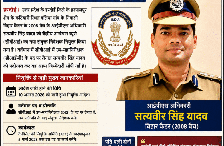 हरदोई के सत्यवीर सिंह यादव बने सीबीआई के नए संयुक्त निदेशक  बिहार कैडर के 2008 बैच के आईपीएस अधिकारी को मिली महत्वपूर्ण जिम्मेदारी