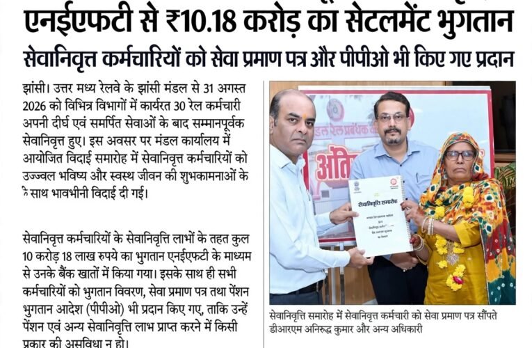डीआरएम अनिरुद्ध कुमार की मौजूदगी में झांसी मंडल से 30 रेलकर्मी सम्मानपूर्वक सेवानिवृत्त, एनईएफटी से ₹10.18 करोड़ का सेटलमेंट भुगतान  सेवानिवृत्त कर्मचारियों को सेवा प्रमाण पत्र और पीपीओ भी किए गए प्रदान