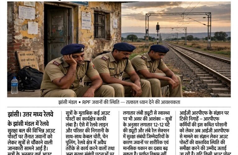 आईजी आरपीएफ साहब! झांसी मंडल की आउट पोस्टों पर जरा गौर फरमाइए  12-12 घंटे की ड्यूटी से बेहाल जवान, लंबे रेल सेक्शन में स्टाफ का टोटा!  केबल चोरी, चेन पुलिंग और अवैध गतिविधियों की जिम्मेदारी भी इन्हीं के कंधों पर