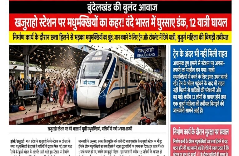 खजुराहो स्टेशन पर मधुमक्खियों का कहर! वंदे भारत में घुसकर बरसाए डंक, 12 यात्री घायल  निर्माण कार्य के दौरान छत्ता हिलने से भड़का मधुमक्खियों का झुंड; जान बचाने के लिए ट्रेन और टॉयलेट में छिपे यात्री, बुजुर्ग महिला की बिगड़ी तबीयत