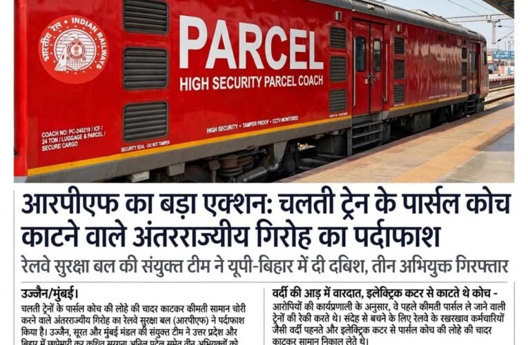 आरपीएफ का बड़ा एक्शन: चलती ट्रेन के पार्सल कोच काटने वाले अंतरराज्यीय गिरोह का पर्दाफाश रेलवे सुरक्षा बल की संयुक्त टीम ने यूपी-बिहार में दी दबिश, तीन अभियुक्त गिरफ्तार रेलवे कर्मचारियों जैसी वर्दी पहनकर करते थे वारदात, ₹7.10 लाख का चोरी का माल बरामद