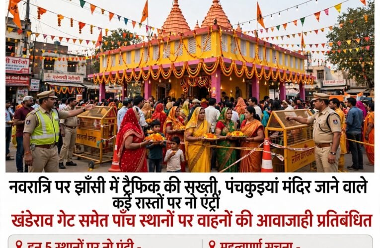 नवरात्रि पर झाँसी में ट्रैफिक की सख्ती, पंचकुइयां मंदिर जाने वाले कई रास्तों पर नो एंट्री खंडेराव गेट समेत पाँच स्थानों पर वाहनों की आवाजाही प्रतिबंधित, आयोजन समाप्ति तक लागू रहेगी व्यवस्था एंबुलेंस और दमकल वाहनों को छूट, ट्रैफिक पुलिस की अपील—वैकल्पिक मार्गों से करें आवागमन