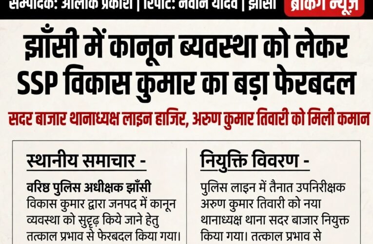 झाँसी में कानून व्यवस्था को लेकर SSP विकास कुमार का बड़ा फेरबदल  सदर बाजार थानाध्यक्ष लाइन हाजिर, अरुण कुमार तिवारी को मिली कमान